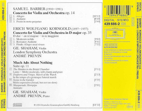 Barber* / Korngold*, Gil Shaham, London Symphony Orchestra, André Previn - Violin Concertos = Violinkonzerte / Much Ado About Nothing – Suite (CD, Album) (Near Mint (NM or M-)) - Image 2