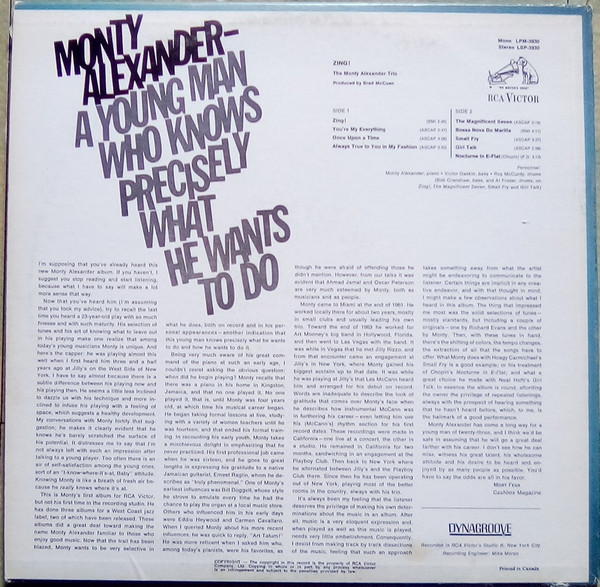 Monty Alexander - Zing! (LP, Album) (Very Good Plus (VG+)) - Image 2