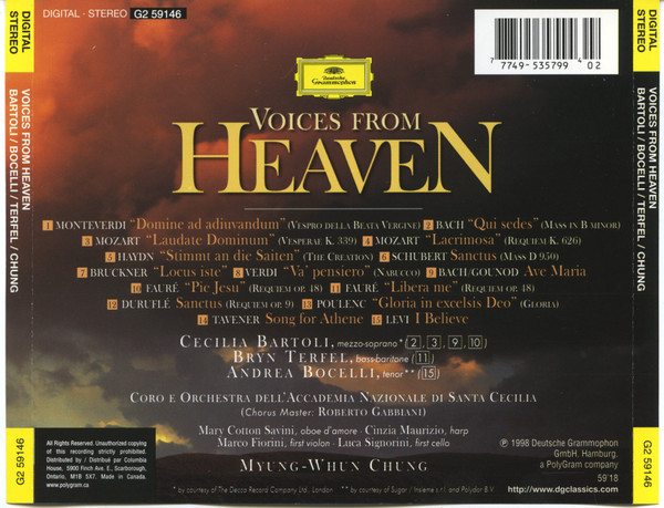 Cecilia Bartoli, Andrea Bocelli, Bryn Terfel, Coro dell'Accademia Nazionale di Santa Cecilia E Orchestra dell'Accademia Nazionale di Santa Cecilia, Myung-Whun Chung - Voices From Heaven (CD, Album, Club) (Near Mint (NM or M-)) - Image 2