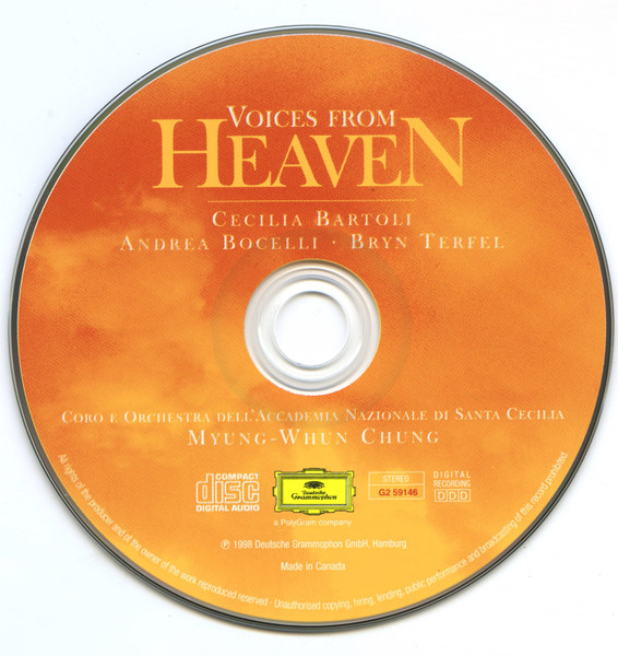 Cecilia Bartoli, Andrea Bocelli, Bryn Terfel, Coro dell'Accademia Nazionale di Santa Cecilia E Orchestra dell'Accademia Nazionale di Santa Cecilia, Myung-Whun Chung - Voices From Heaven (CD, Album, Club) (Near Mint (NM or M-)) - Image 3