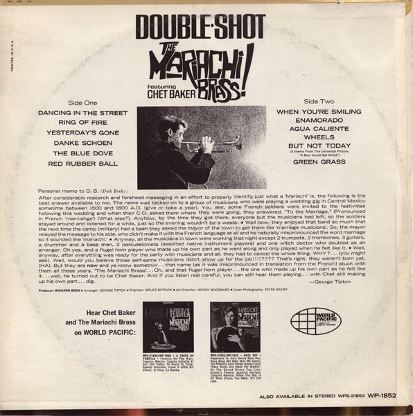 The Mariachi Brass Featuring Chet Baker - Double Shot (LP, Album, Mono) (Very Good Plus (VG+)) - Image 2