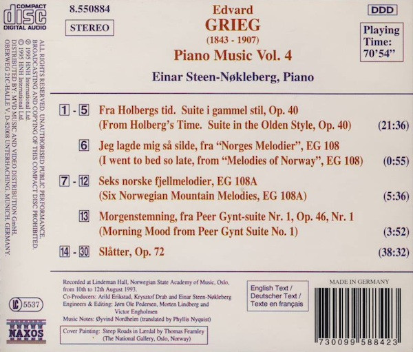 Edvard Grieg, Einar Steen-Nøkleberg - Piano Music Vol. 4 (CD, Album) (Mint (M)) - Image 2