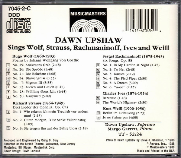 Hugo Wolf, Charles Ives, Kurt Weill, Sergei Vasilyevich Rachmaninoff, Richard Strauss, Dawn Upshaw, Margo Garrett - Naumburg Present Dawn Upshaw, Soprano (CD, Album) (Mint (M)) - Image 2