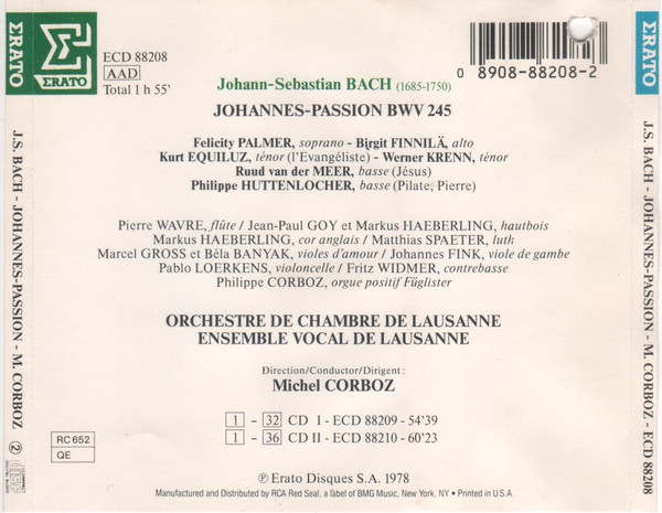 Johann Sebastian Bach - Felicity Palmer, Birgit Finnilä, Kurt Equiluz, Werner Krenn, Ruud Van Der Meer, Philippe Huttenlocher, Ensemble Vocal De Lausanne, Orchestre De Chambre De Lausanne, Michel Corboz - Johannes Passion (2xCD, Album) (Near Mint (NM or M-)) - Image 2