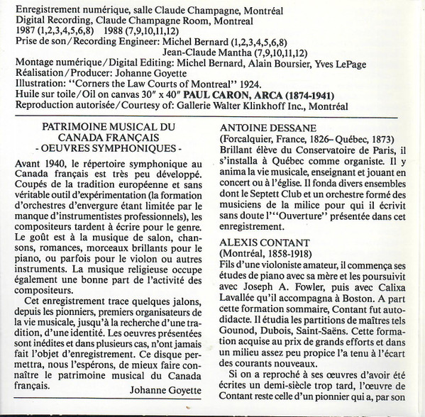 L'orchestre Métropolitain - Patrimonie Musical Du Canada Français = Musical Heritage Of French Canada - Oeuvres Symphoniques = Symphonic Works (CD) (Near Mint (NM or M-)) - Image 2