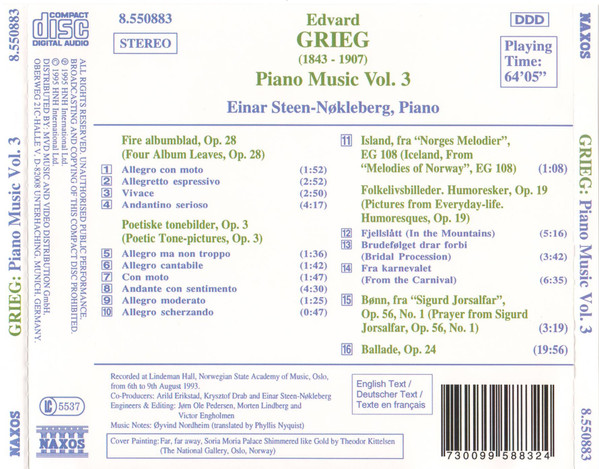 Edvard Grieg, Einar Steen-Nøkleberg - Piano Music Vol. 3 (CD, Album) (Mint (M)) - Image 2