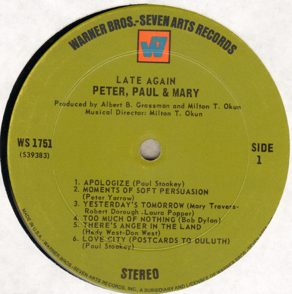 Peter, Paul & Mary - Late Again (LP, Album, Ter) (Near Mint (NM or M-)) - Image 3