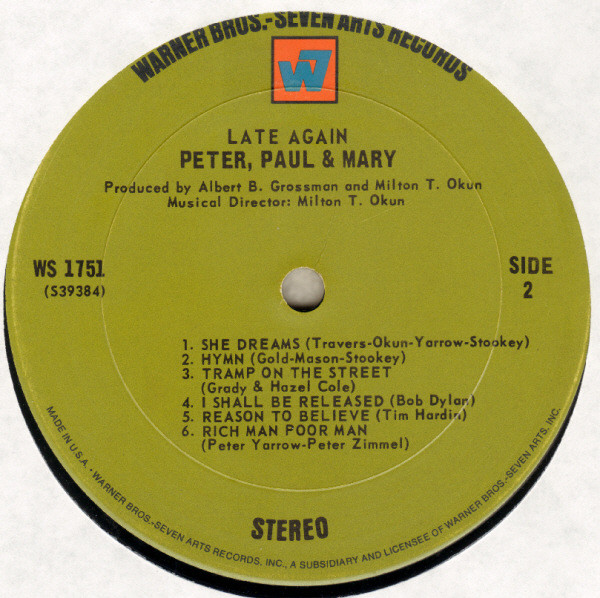 Peter, Paul & Mary - Late Again (LP, Album, Ter) (Near Mint (NM or M-)) - Image 4