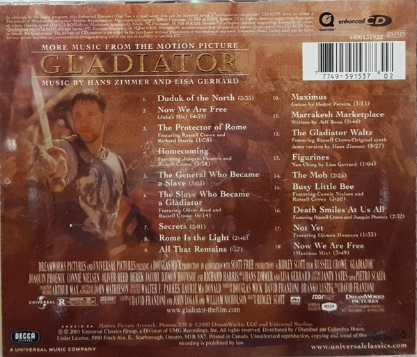 Hans Zimmer & Lisa Gerrard - Gladiator - More Music From The Motion Picture (CD, Album, Club, Enh) (Mint (M)) - Image 2