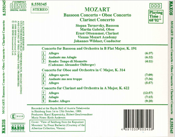 Wolfgang Amadeus Mozart - Stepan Turnovsky • Martin Gabriel • Ernst Ottensamer, Wiener Akademie, Johannes Wildner - Bassoon Concerto • Oboe Concerto • Clarinet Concerto = Fagottkonzert • Oboenkonzert • Klarinettenkonzert = Concerto Pour Basson • Concerto Pour Hautbois • Concerto Pour Clarinette (CD, Album) (Near Mint (NM or M-)) - Image 2