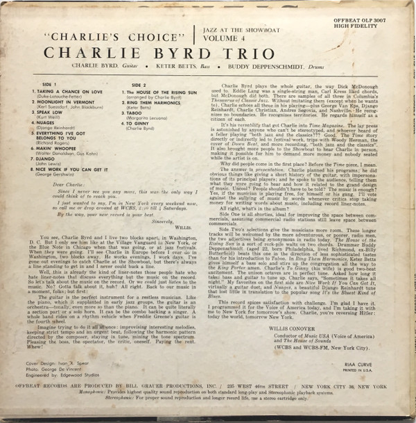 Charlie Byrd Trio - Charlie's Choice: Jazz At The Showboat, Volume IV (LP, Mono) (Very Good Plus (VG+)) - Image 2