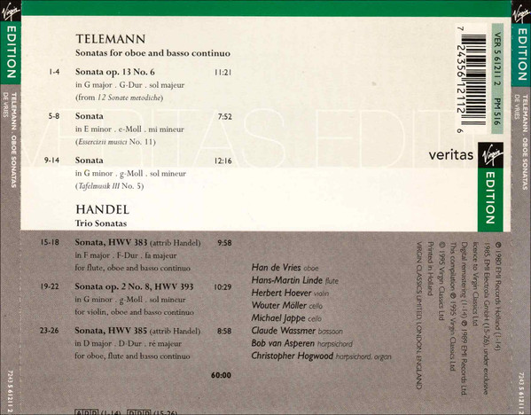 Georg Philipp Telemann / Georg Friedrich Händel - Han de Vries - Oboe Sonatas And Trio Sonatas (CD, Comp, RM) (Near Mint (NM or M-)) - Image 2