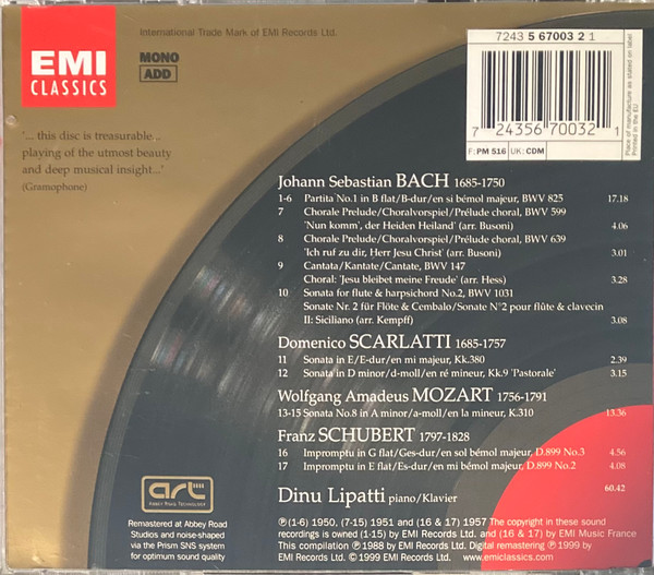 Johann Sebastian Bach . Wolfgang Amadeus Mozart . Domenico Scarlatti . Franz Schubert - Dinu Lipatti - Bach • Mozart • Scarlatti • Schubert - Lipatti (CD, Comp, Mono, RM) (Mint (M)) - Image 2