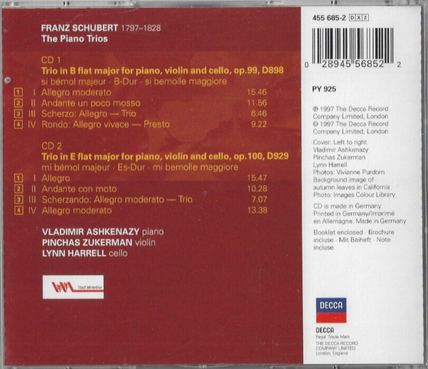 Franz Schubert - Vladimir Ashkenazy · Pinchas Zukerman · Lynn Harrell - The Piano Trios (2xCD, Album, RE) (Mint (M)) - Image 2
