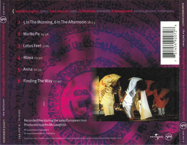 Shakti (2), John McLaughlin, Zakir Hussain, U. Srinivas, V. Selvaganesh - (The Believer (CD, Album) (Near Mint (NM or M-)) - Image 3