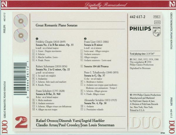 Frédéric Chopin • Robert Schumann • Franz Schubert • Franz Liszt • Pyotr Ilyich Tchaikovsky • Alexander Scriabin, Rafael Orozco, Dinorah Varsi, Ingrid Haebler, Claudio Arrau, Paul Crossley (2), Jean Louis Steuerman - Great Romantic Piano Sonatas (2xCD, Comp, RM) (Near Mint (NM or M-)) - Image 2