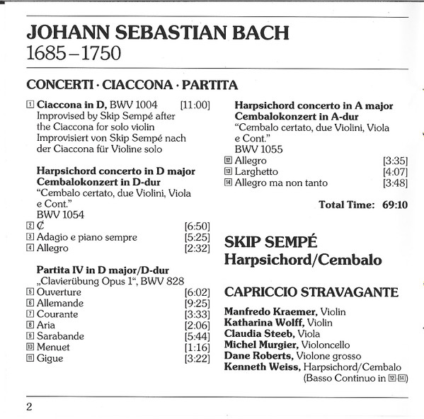 Johann Sebastian Bach, Skip Sempé, Capriccio Stravagante - Concerti • Ciaccona • Partita (CD, Album) (Near Mint (NM or M-)) - Image 4