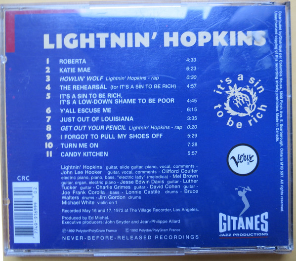Lightnin' Hopkins - It's A Sin To Be Rich (CD, Album, Club) (Near Mint (NM or M-)) - Image 2