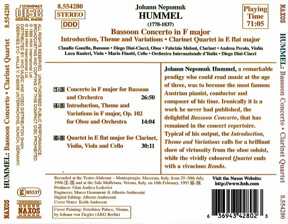 Johann Nepomuk Hummel, Claudio Gonella, Diego Dini Ciacci, Fabrizio Meloni, Andrea Pecolo, Luca Ranieri, Mario Finotti, Orchestra Internazionale d'Italia, Diego Dini Ciacci - Bassoon Concerto In F Major / Introduction, Theme And Variations / Clarinet Quartet In E Flat Major (CD, Album) (Near Mint (NM or M-)) - Image 2
