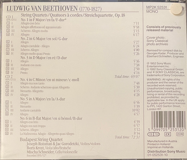 Budapest String Quartet - Ludwig van Beethoven - String Quartets = Quatuors A Cordes Op.18 (2xCD, Comp, Mono, RE) (Near Mint (NM or M-)) - Image 2