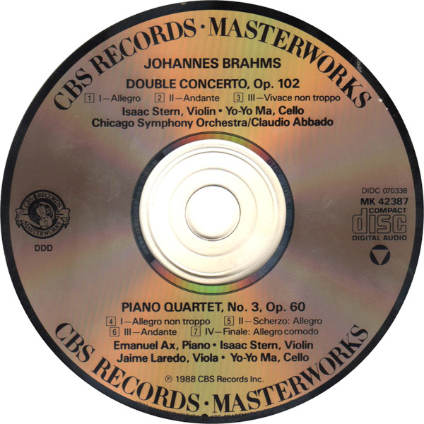 Johannes Brahms - Isaac Stern · Yo-Yo Ma · Claudio Abbado, Chicago Symphony Orchestra - Double Concerto · Piano Quartet, Op. 60 (CD, Album) (Near Mint (NM or M-)) - Image 2