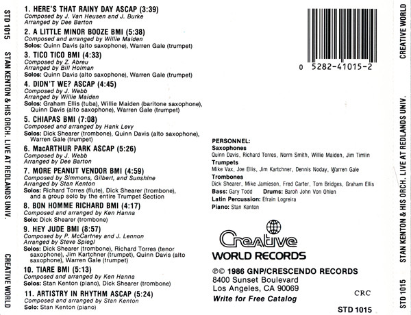 Stan Kenton And His Orchestra - Live At Redlands University (CD, Album, Club) (Near Mint (NM or M-)) - Image 2