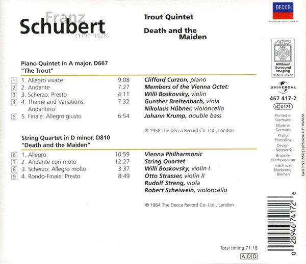 Franz Schubert / Mitglieder Des Wiener Oktetts / Wiener Philharmonisches Streichquartett - Trout Quintet / Death And The Maiden (CD, Comp) (Mint (M)) - Image 2