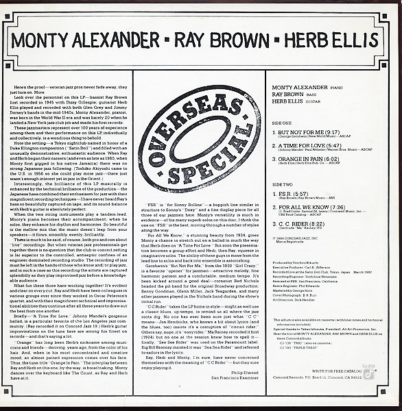Monty Alexander, Ray Brown, Herb Ellis - Overseas Special (LP, Album) (Very Good Plus (VG+)) - Image 2