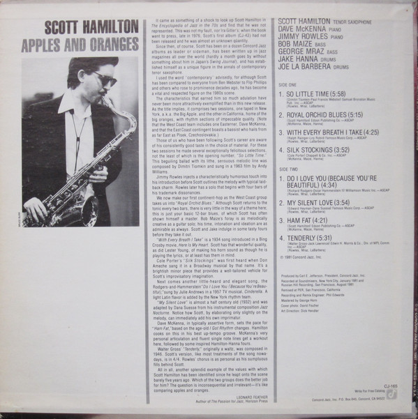 Scott Hamilton - Apples And Oranges (LP, Album) (Very Good (VG)) - Image 2