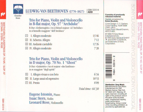 Ludwig van Beethoven / Eugene Istomin • Isaac Stern • Leonard Rose - Piano Trios Op. 70 No. 1 “Ghost” • Op. 97 “Archduke” (CD, Album, Comp, RE, RM) (Near Mint (NM or M-)) - Image 2
