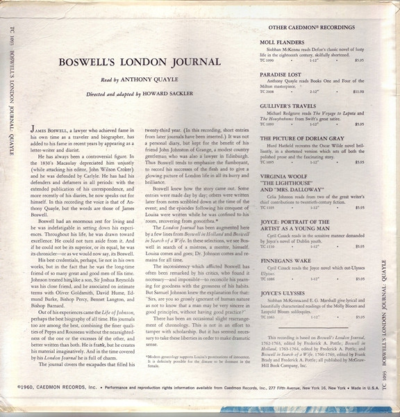 Anthony Quayle - Boswell's London Journal (LP) (Mint (M)) - Image 2