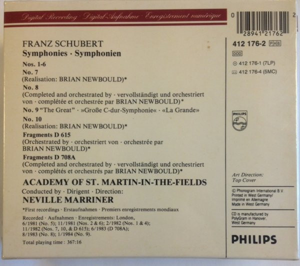 Franz Schubert / The Academy Of St. Martin-in-the-Fields, Sir Neville Marriner - The 10 Symphonies (6xCD, Comp + Box) (Very Good Plus (VG+)) - Image 2