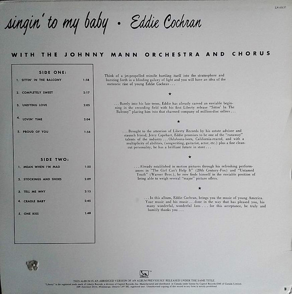Eddie Cochran - Singin' To My Baby (LP, Album, Mono, RE) (Mint (M)) - Image 2