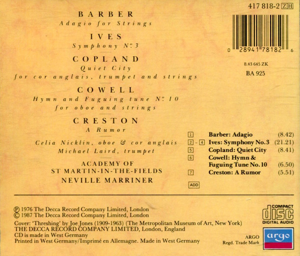 Samuel Barber, Charles Ives, Aaron Copland, The Academy Of St. Martin-in-the-Fields, Sir Neville Marriner - Adagio For Strings / Symphony No.3 / Quiet City (CD, Album, RE) (Near Mint (NM or M-)) - Image 2