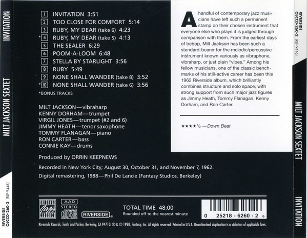Milt Jackson Sextet - Invitation (CD, Album, RE) (Near Mint (NM or M-)) - Image 2