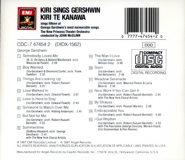 Kiri Te Kanawa - Kiri Sings Gershwin (CD, Album) (Near Mint (NM or M-)) - Image 2