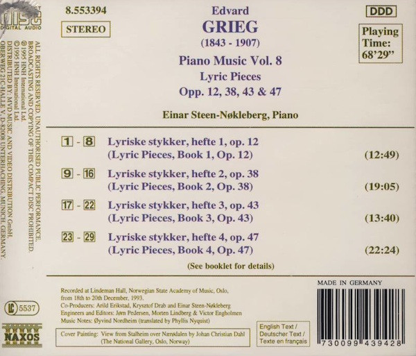 Edvard Grieg, Einar Steen-Nøkleberg - Piano Music Vol. 8 (Lyric Pieces Opp. 12, 38, 43 And 47) (CD, Album) (Mint (M)) - Image 2