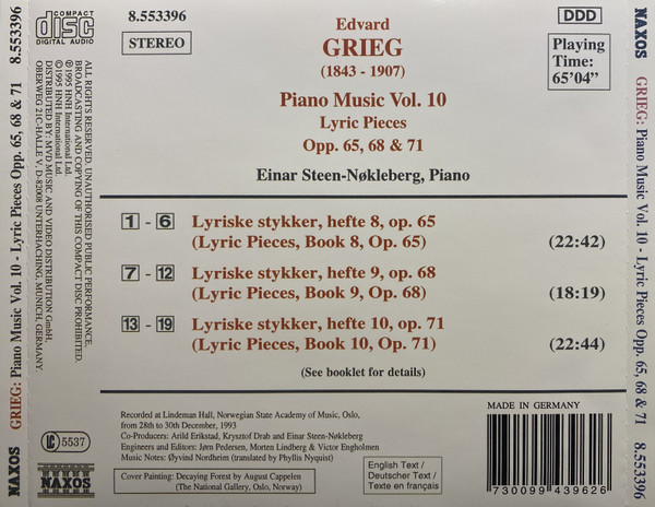 Edvard Grieg, Einar Steen-Nøkleberg - Piano Music Vol. 10 (CD, Album) (Mint (M)) - Image 2