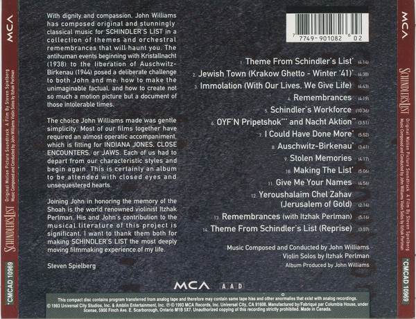 John Williams (4) - Schindler's List (Original Motion Picture Soundtrack) (CD, Album, Club) (Near Mint (NM or M-)) - Image 2