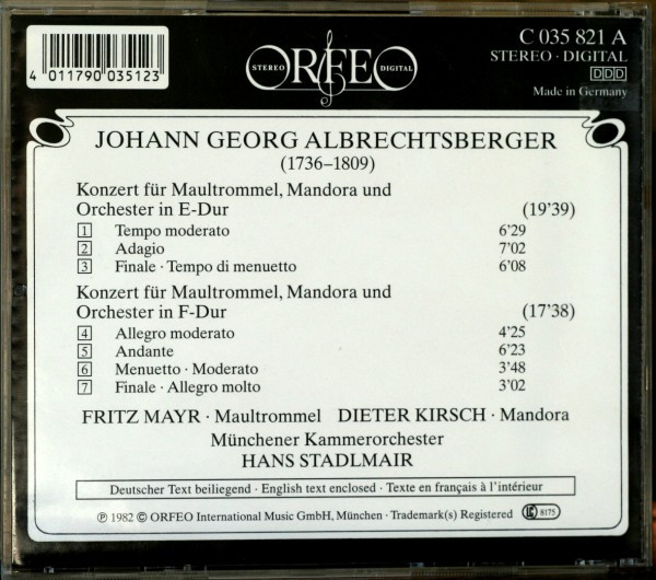 Johann Georg Albrechtsberger – Fritz Mayr, Dieter Kirsch, Münchener Kammerorchester, Hans Stadlmair - Concertos For Jew's Harp, Mandora And Orchestra - Concertos Pour Guimbarde, Mandora Et Orchestre - Konzerte Für Maultrommel, Mandora Und Orchester (CD, Album, RE) (Near Mint (NM or M-)) - Image 2