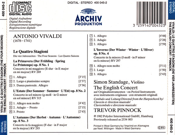 Antonio Vivaldi - The English Concert, Simon Standage, Trevor Pinnock - Le Quattro Stagioni = Die Vier Jahreszeiten = The Four Seasons = Les Quatre Saisons (CD, Album, RE) (Near Mint (NM or M-)) - Image 2