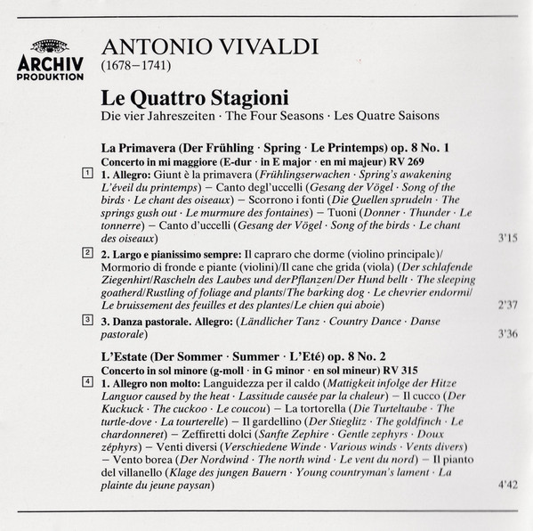 Antonio Vivaldi - The English Concert, Simon Standage, Trevor Pinnock - Le Quattro Stagioni = Die Vier Jahreszeiten = The Four Seasons = Les Quatre Saisons (CD, Album, RE) (Near Mint (NM or M-)) - Image 5