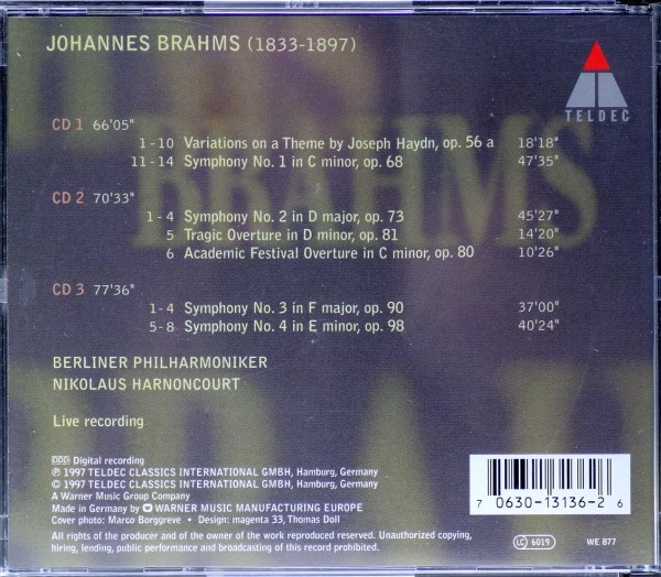 Johannes Brahms - Nikolaus Harnoncourt, Berliner Philharmoniker - The Symphonies / Haydn Variations / Academic Festival Overture / Tragic Overture (3xCD) (Mint (M)) - Image 2