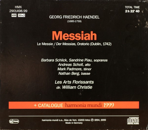 Georg Friedrich Händel - Barbara Schlick, Sandrine Piau, Andreas Scholl, Mark Padmore, Nathan Berg, Les Arts Florissants, William Christie - Messiah (2xCD, Album, RE) (Near Mint (NM or M-)) - Image 2