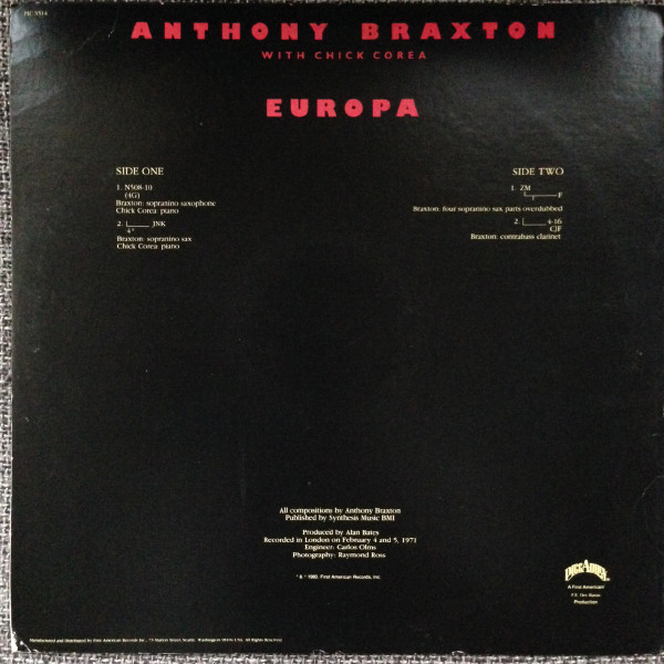 Anthony Braxton With Chick Corea - Europa (LP, Album) (Near Mint (NM or M-)) - Image 2