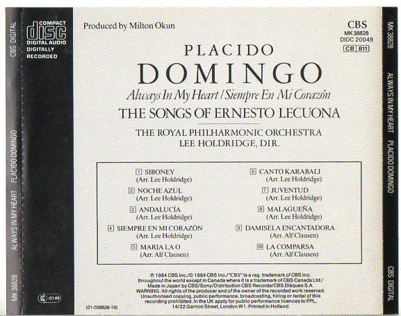 Placido Domingo - Always In My Heart = Siempre En Mi Corazón - The Songs Of Ernesto Lecuona (CD) (Near Mint (NM or M-)) - Image 2