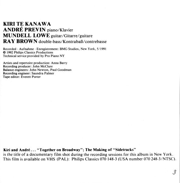 Kiri Te Kanawa, André Previn, Ray Brown, Mundell Lowe - Kiri Sidetracks (The Jazz Album) (CD, Album) (Near Mint (NM or M-)) - Image 4