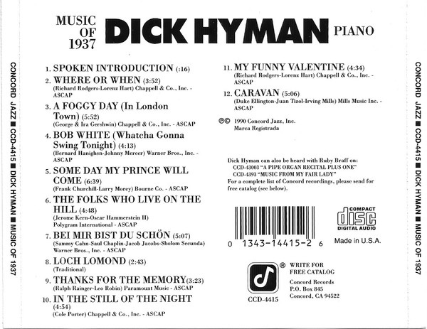 Dick Hyman - Music Of 1937 - Maybeck Recital Hall Series, Volume Three (CD, Album) (Near Mint (NM or M-)) - Image 2