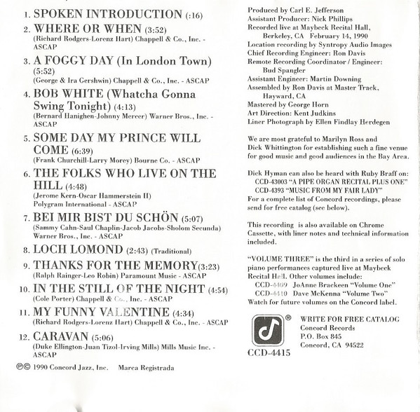 Dick Hyman - Music Of 1937 - Maybeck Recital Hall Series, Volume Three (CD, Album) (Near Mint (NM or M-)) - Image 4