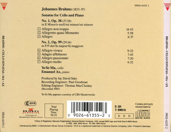 Johannes Brahms, Yo-Yo Ma, Emanuel Ax - Brahms Cello Sonatas (CD, Album) (Near Mint (NM or M-)) - Image 2
